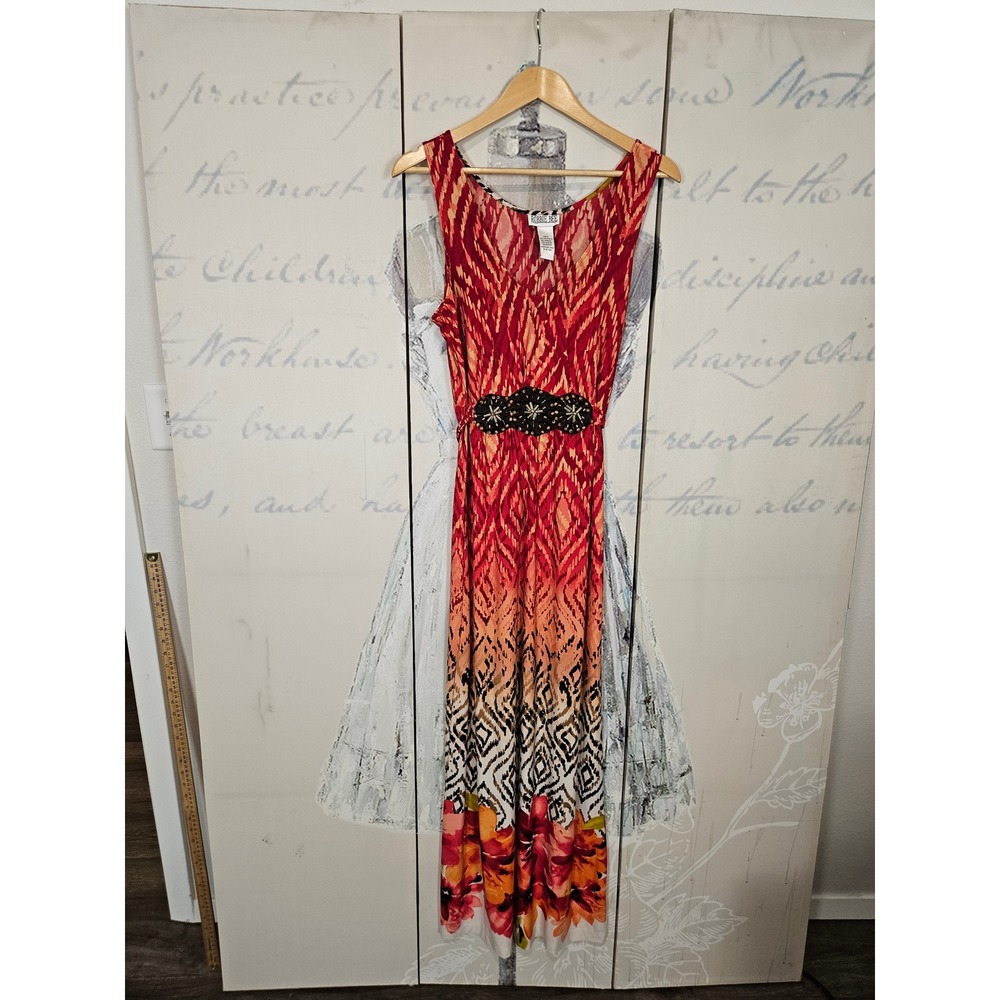 Robbie Bee Maxi Dress Large Red Ikat Geometric Beaded Waist Sleeveless Boho Tie